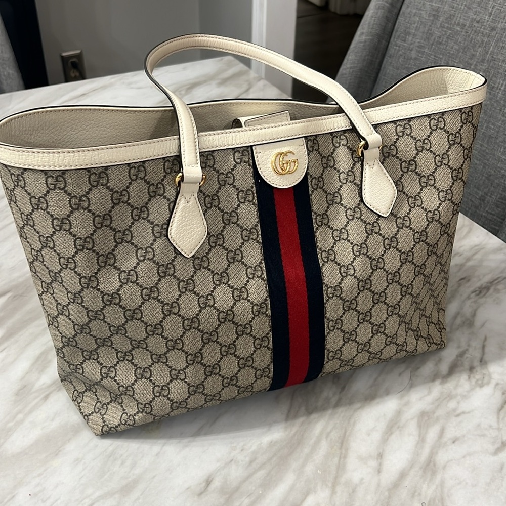 Gucci Cream and Brown Tote with Signature Design